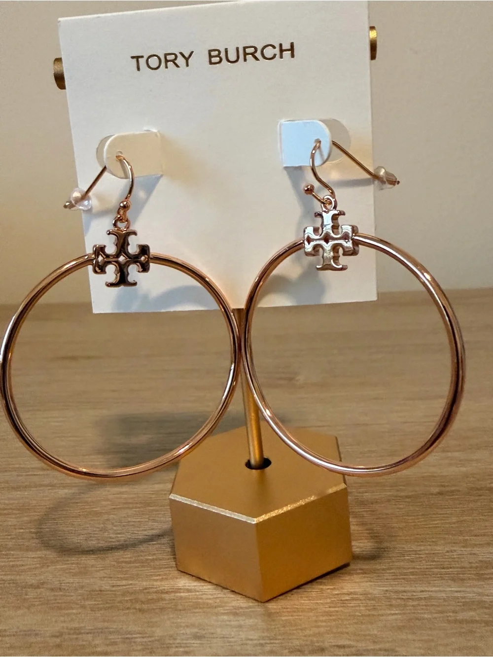Tory Burch Rose Gold-Tone Logo Hoop Drop Earrings – New